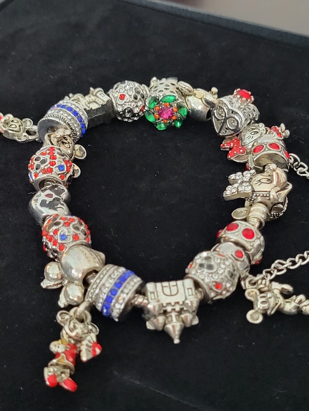 Three Pandora Sterling Silver Charm Bracelet with Red, Blue & Green Accents